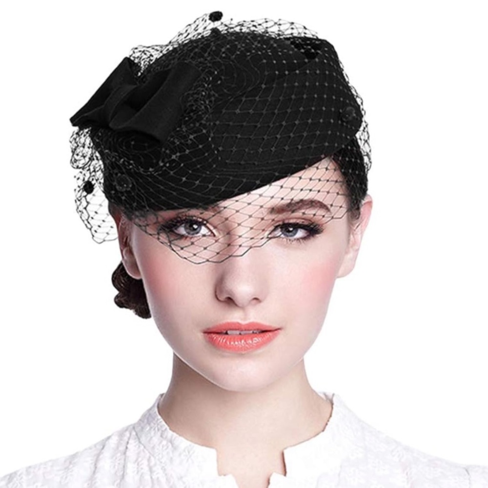 Brand New Jackie-O Black Wool Pillbox Hat Vintage with Veil